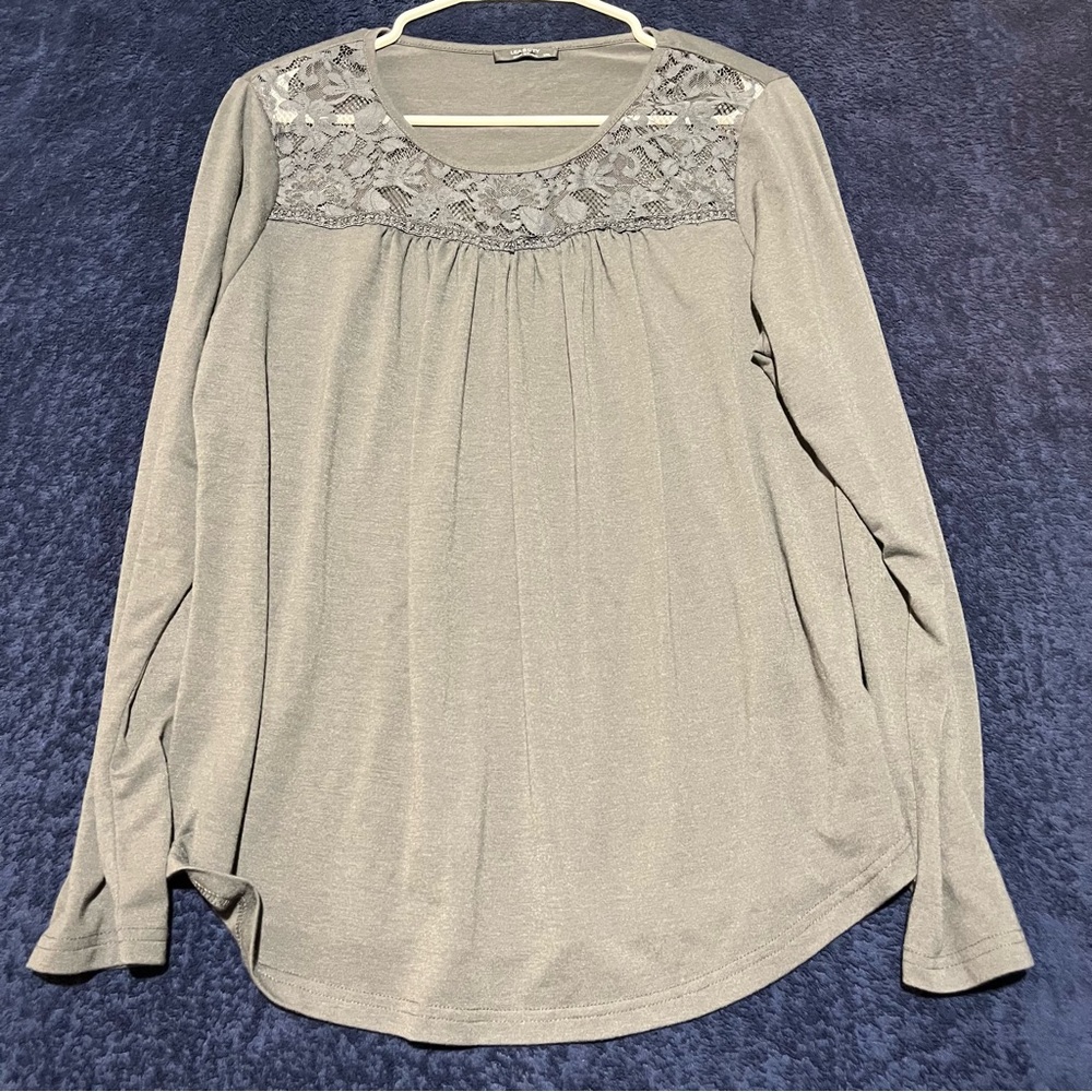 Leaduty Peasant Top Womens XXL Gray  Crochet Knit Crew Neck Long Sleeve Boho